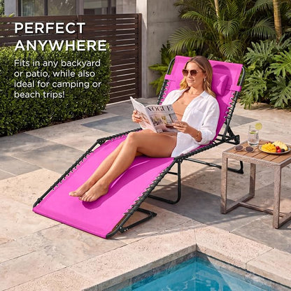 Best Choice Products Extra Wide Patio Chaise Lounge Chair, Portable Outdoor Folding Recliner for Lawn, w/ 8 Positions, Handles, 440lb Capacity - Hot Pink