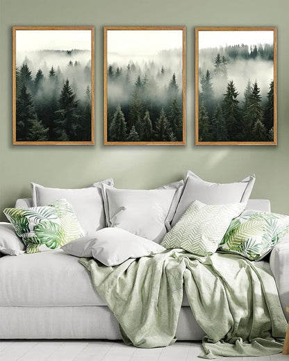 UPWOIGH Large Framed Canvas Wall Art, Set of 3 Foggy Forest Decor, 16x24 in Minimalist Natural Cotton Posters, Misty Forest Triptych, Green Botanical Modern Aesthetic for Living Room, Bedroom, Office
