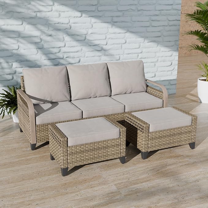 COOS BAY Modern Wicker Outdoor Furniture Set, Patio Conversation Set with 3 Seat Couch, and Ottomans, 3 Piece, Brown/Gray