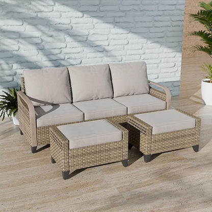COOS BAY Modern Wicker Outdoor Furniture Set, Patio Conversation Set with 3 Seat Couch, and Ottomans, 3 Piece, Brown/Gray
