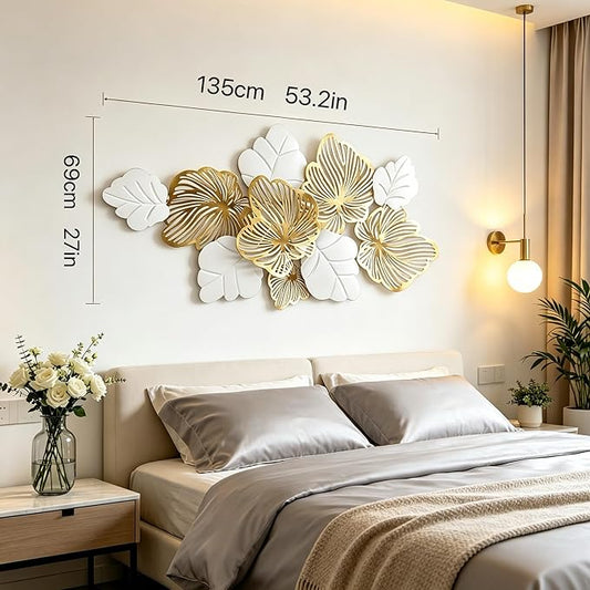 Roivikis Large Metal Wall Art Decor, 3D Abstract White & Gold Floral Leaves Wall Art, Handcrafted Modern Metal Wall Sculpture for Living Room, Bedroom, Entryway, 53.2" × 27"