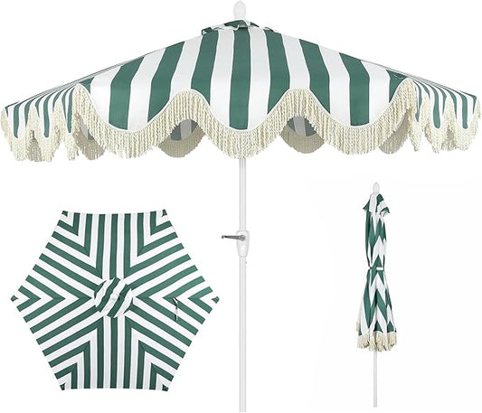 JONATHAN Y UMB1001 Collins 9 ft. Classic Cottage Tassel Market Patio Umbrella with Auto-Tilt, Crank, Wind Vent and UV Protection