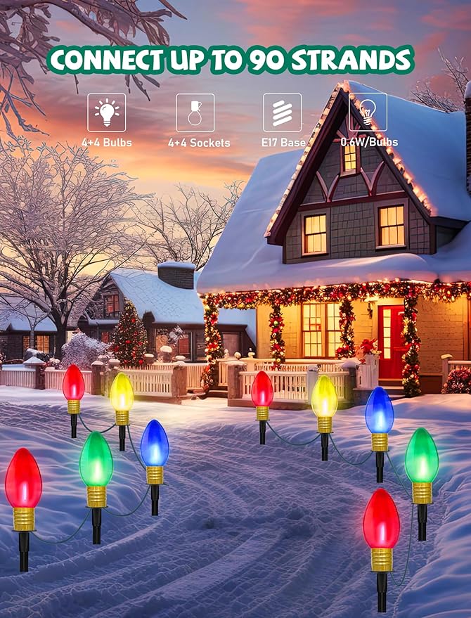 Jumbo C9 Christmas Pathway Lights Outdoor, 2Pk Total 14Ft Outdoor Christmas Decorations with 8 LED Jumbo C9 Clear Multicolor Bulbs Walkway Lights for Lawn Holiday Yard Garden Sidewalk