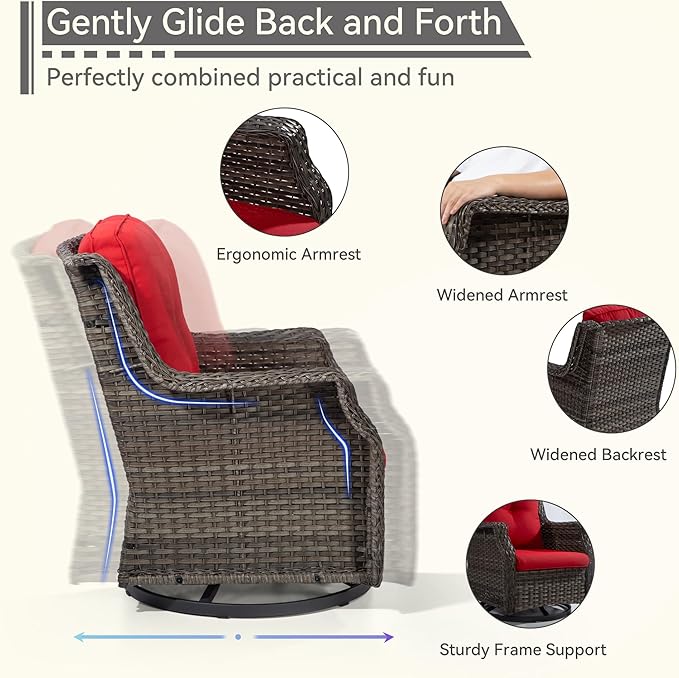 5-Piece Patio Wicker Conversation Set with Fire Pit, Furniture Set Includes 2 Swivel Rocker Chair and 2 Armchair, Cushion Red