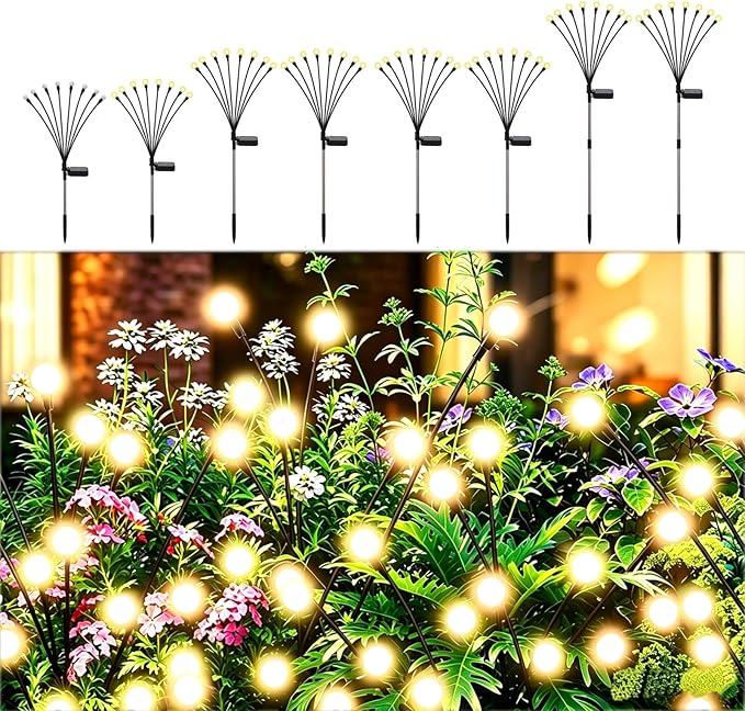 Solar Firefly Lights Warm White, 8 Modes 800mAh Swaying Firefly Yard Lights Solar Powered Outdoor Waterproof for Outside Yard Patio Lawn Pathway Walkway Stake Christmas Garden Decor (8 Pack)