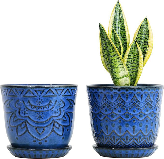 Gepege 6 Inch Blue Ceramic Planter, Plant Pot with Drainage Holes and Saucers for Indoor Plants, Birthday for Women Mom