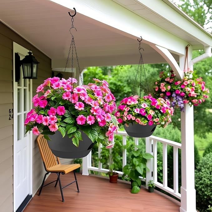 2 Pack 12 Inch Large Hanging Planters with Chains Self Watering Black Plastic Hanging Pots for Indoor Outdoor Plants, Garden Porch Home Decor，Black