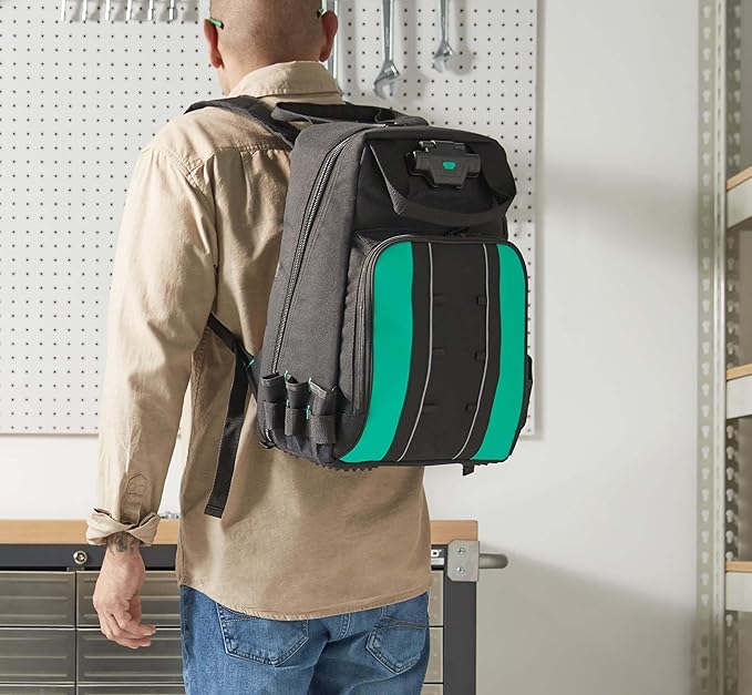 Amazon Basics Tool Backpack with LED Light, 55 Pockets, Padded Shoulder Straps, Tool Storage Bag, Black