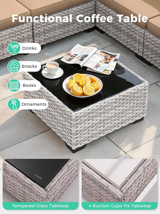 7 Piece Outdoor Wicker Rattan Sectional Sofa Set with Fire Pit Table, 5-Seats Conversation Set with 4" Thickened Cushions & Coffee Table, All-Weather PE Rattan for Garden, Backyard, Porch, Beige