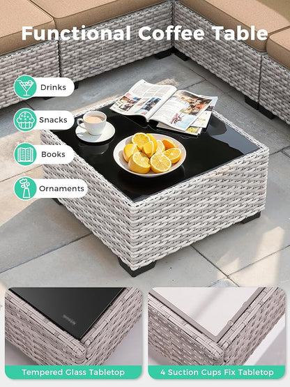 7 Piece Outdoor Wicker Rattan Sectional Sofa Set with Fire Pit Table, 5-Seats Conversation Set with 4" Thickened Cushions & Coffee Table, All-Weather PE Rattan for Garden, Backyard, Porch, Beige