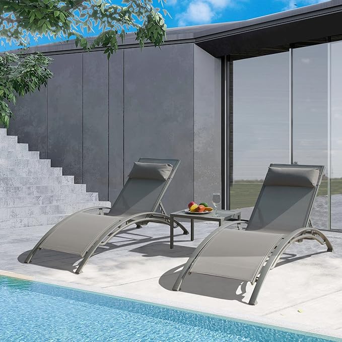 Domi Outdoor Chaise Lounge Set of 3 Patio Recliner Chairs with Adjustable Backrest and Removable Pillow for Indoor&Outdoor Beach Pool Sunbathing Lawn Gray