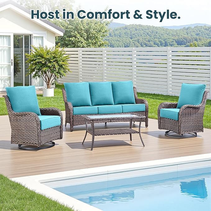 Outdoor Chair Cushions, 6 Inch Thick Patio Seat & Back Cushions Set with Removable Cover, Waterproof Patio Cushions for Outdoor Furniture, 22 x 24 Inch, Sky Blue 4- Set