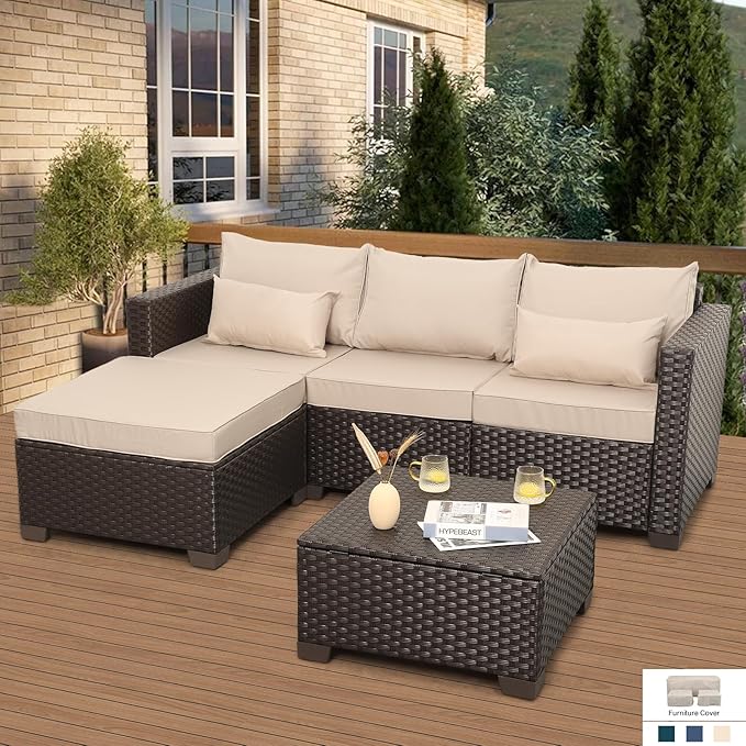 Patio Furniture Set 3 Piece Outdoor Sectional Sofa Set with Wicker Couch, Ottoman, Patio Table with Storage All-Weather Anti-Slip Cushions and Waterproof Covers, Khaki