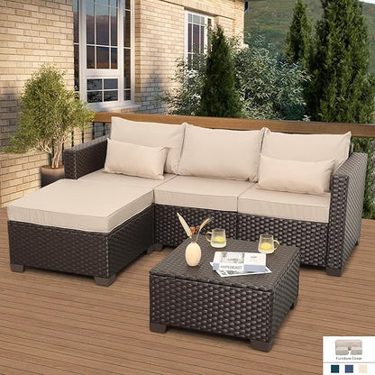 Patio Furniture Set 3 Piece Outdoor Sectional Sofa Set with Wicker Couch, Ottoman, Patio Table with Storage All-Weather Anti-Slip Cushions and Waterproof Covers, Khaki