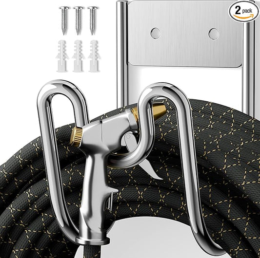 Garden Hose Holder Wall Mount - SS304 Stainless Steel Water Hose Hanger Heavy Duty Rack for Extension Cords Vacuum Hose Outside Silver (2 Pack)