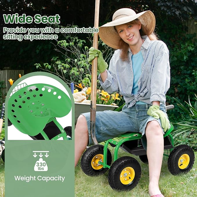Goplus Garden Seat with Wheels, Rolling Garden Cart with Adjustable 360° Swivel Seat, Tool Tray, Basket for Lawn, Yard, Patio, Heavy Duty Gardening Stool, Outdoor Wagon Scooter for Seniors