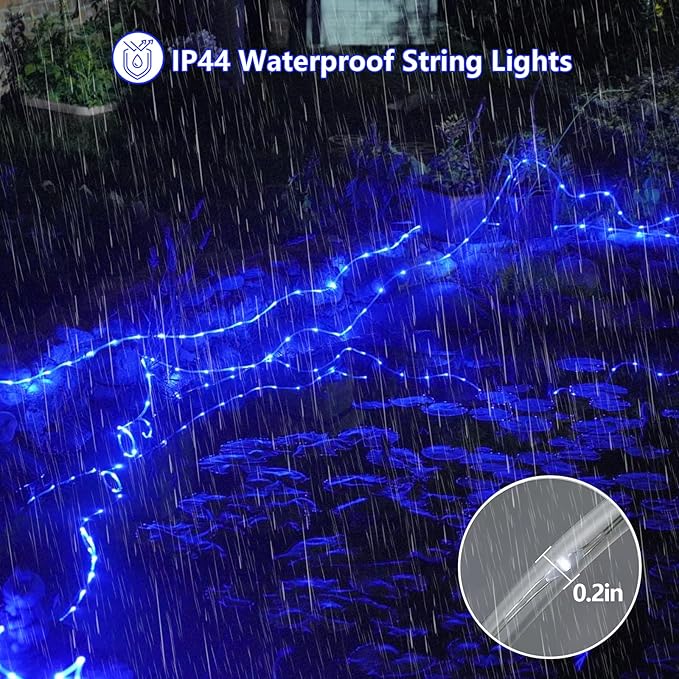 YEGUO Solar Christmas Lights Outdoor Waterproof, 2 Packs Each 33ft 100 LED Rope Lights, 8 Modes Fairy String Lights in Clear Thin Tube for Camping Fence Patio Garden Trampoline Deck(Blue)