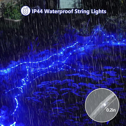 YEGUO Solar Christmas Lights Outdoor Waterproof, 2 Packs Each 33ft 100 LED Rope Lights, 8 Modes Fairy String Lights in Clear Thin Tube for Camping Fence Patio Garden Trampoline Deck(Blue)
