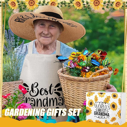 Lasnten 16 Pcs Mothers Day Garden Gift for Grandma Women Garden Tools Sunflower Birthday Gardening Supplies from Grandson Gloves Apron Insulation Cup Fork Trowel Tote Bags for Plant Lover Present