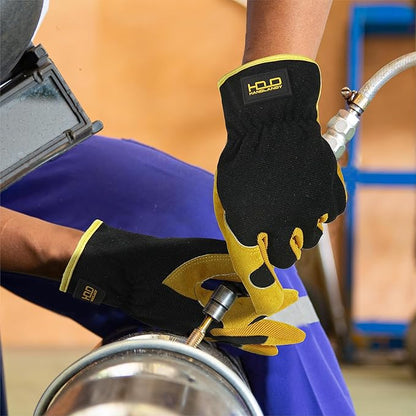 HANDLANDY Men Leather Gardening Gloves, Utility Work Gloves for Mechanics, Construction, Driver