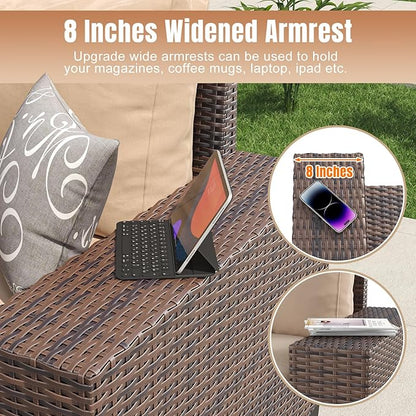 Aoxun 7 Pieces Patio Furniture Set with 44” Fire Pit Table Wicker Rattan Outdoor Sectional Conversation Set with Coffee Table and 4” Thickened Cushions, Beige (Waterproof Cover Included)