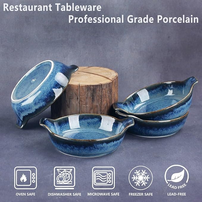 Ceramics Au Gratin baking Dishes Set of 4, Baking Tray Bake ware, 8.6 oz Ramekins, for Pie Pan, Appetizer, Tart, Dessert, Quiche, Oven Small dish, individual dishes, Round 7.5 Inch