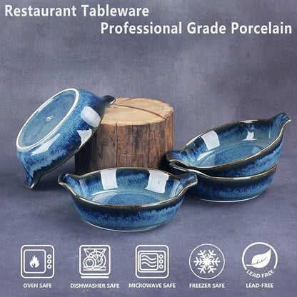 Ceramics Au Gratin baking Dishes Set of 4, Baking Tray Bake ware, 8.6 oz Ramekins, for Pie Pan, Appetizer, Tart, Dessert, Quiche, Oven Small dish, individual dishes, Round 7.5 Inch
