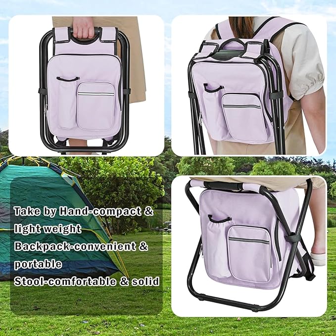 Kikerike Backpack Stool Cooler Chair Heavy Duty 300 LBS Max Load Portable Lightweight Stool Backpack Folding Fishing Cooler Seat for Camping Hunting Fishing - Pale Amethyst