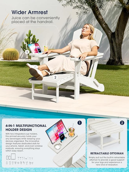 KINGYES Adjustable Folding Adirondack Chair with Footrest & 4-in-1 Multi-Functional Armrest Organizer, HDPE Foldable Reclining Adirondack Chair with Pull-Out Ottoman, White