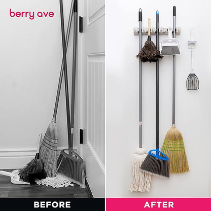 Broom Holder Wall Mount, Mop and Broom Organizer – Wall Mounted Broom Rack & Mop Rack, Rack for Brooms and Mops | Broom Hanger Wall Mount with 5 Slots & 6 Hooks, Kitchen Garage Laundry Garden (Beige)