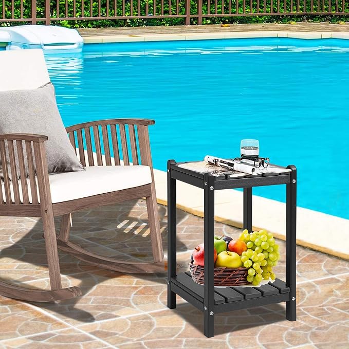 LZRS 24" Double Adirondack Outdoor Side Table, Pool Composite Patio Table,HDPE End Tables for Backyard,Pool, Indoor Companion, Easy Maintenance & Weather Resistant(Black)