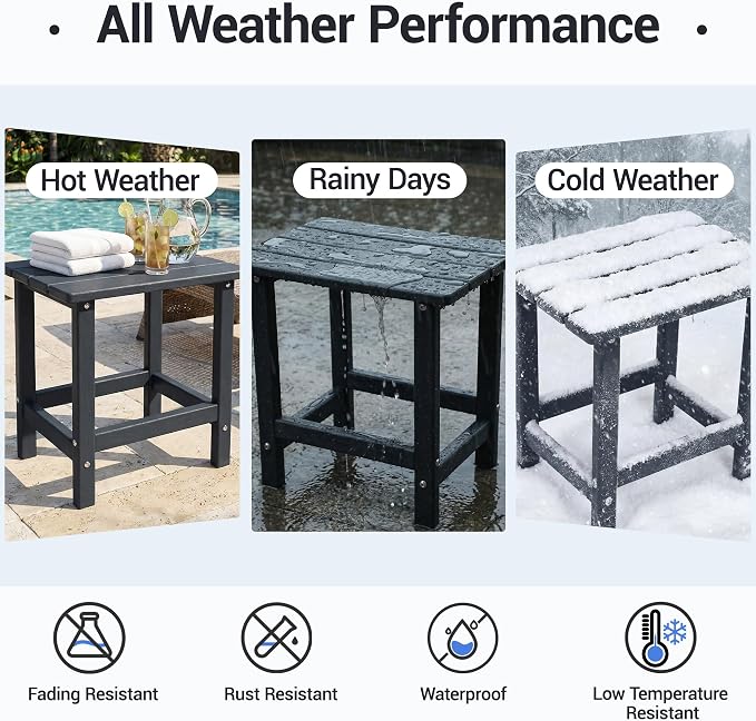 Outdoor Side Table, HDPE Waterproof Patio Side End Tables for Garden, Poolside, Balcony, Deck, Porch, Backyard, Outdoor or Indoor Use, Black, 17.5" L x 12.5" D x 16.5" H