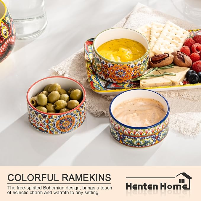 Henten Home Ceramic Ramekins Set Oven Safe, Colorful Creme Brulee Ramekins Set of 6, Boho Baking Cups for Cake, Pudding, Souffle, Ice Cream, Snack, Dipping, Microwave & Dishwasher Safe(4 oz)