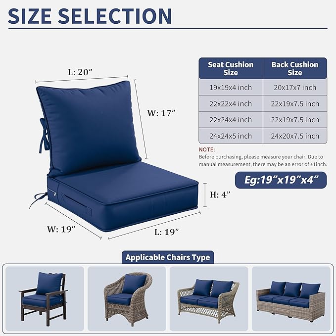 Premium Outdoor Seat Cushion Chair Cushions for Patio Furniture 19 L X 19 W X 4 H Waterproof & Fade Resistant Deep Seat and Backrest Cushion Set with Removable Covers for Chair, Sofa