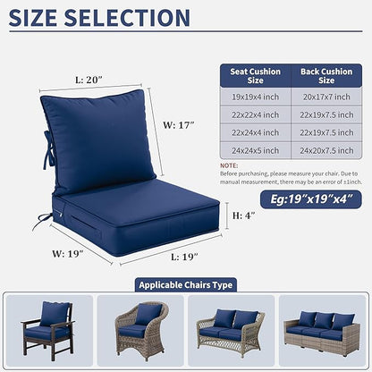 Premium Outdoor Seat Cushion Chair Cushions for Patio Furniture 19 L X 19 W X 4 H Waterproof & Fade Resistant Deep Seat and Backrest Cushion Set with Removable Covers for Chair, Sofa