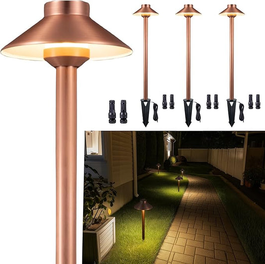 Gardenreet Brass Low Voltage Path Lights(Hat) Outdoor Waterproof IP65, 12V LED Copper Landscape Lights Wired Fixture for Garden Walkway Driveway Garden Yard Without G4 Bulb(4 Pack)