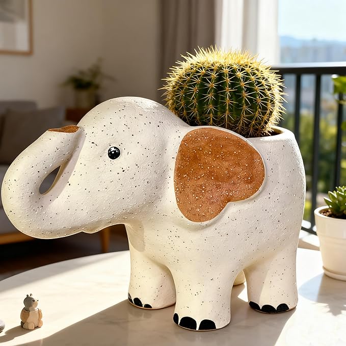 Large 9.1‘‘ Handmade Ceramic Elephant Planter Flower Pot with Drainage Hole for Succulents, Cactus, Air Plants | Indoor Outdoor Garden Patio Desk Home Decor | Gift for Plant Lovers