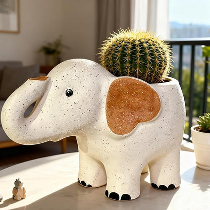 Large 9.1‘‘ Handmade Ceramic Elephant Planter Flower Pot with Drainage Hole for Succulents, Cactus, Air Plants | Indoor Outdoor Garden Patio Desk Home Decor | Gift for Plant Lovers
