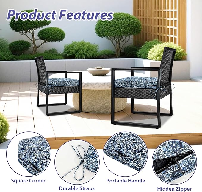 Outdoor Chair Cushions Set of 4,Waterproof Outdoor Seat Cushions for Patio Furniture,Patio Chair Cushion with Handle and Ties, Out Door Chair Pads,19" x 19" x 3", Green Paisley