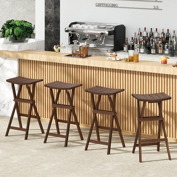 COSTWAY Folding Wooden Bar Stools Set of 2, 30-inch Height Backless Saddle Stools with Footrest, Foldable Chairs for Kitchen Island, Counter, Patio, Indoor & Outdoor, No Assembly Required, Teak
