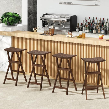 COSTWAY Folding Wooden Bar Stools Set of 4, 30-inch Height Backless Saddle Stools with Footrest, Foldable Chairs for Kitchen Island, Counter, Patio, Indoor & Outdoor, No Assembly Required, Teak