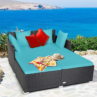 COSTWAY Outdoor Patio Rattan Daybed, Sponge Cushioned Loveseat Sofa with 4 Pillows, Wicker Furniture Sunbed for Balcony, Courtyard (Turquoise)