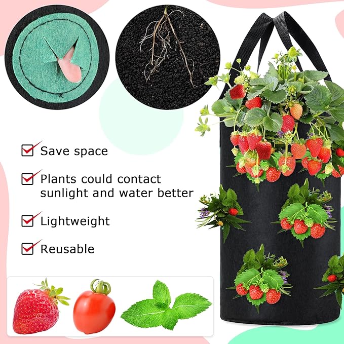 6 Pieces 3 Gallon Tomato and Herb Planter Hanging Aeration Fabric Strawberry Grow Bags Hanging Strawberry Planter Upside Down Tomato Plant Hanger Vegetable Planting Bags for House (Black, Green, Red)
