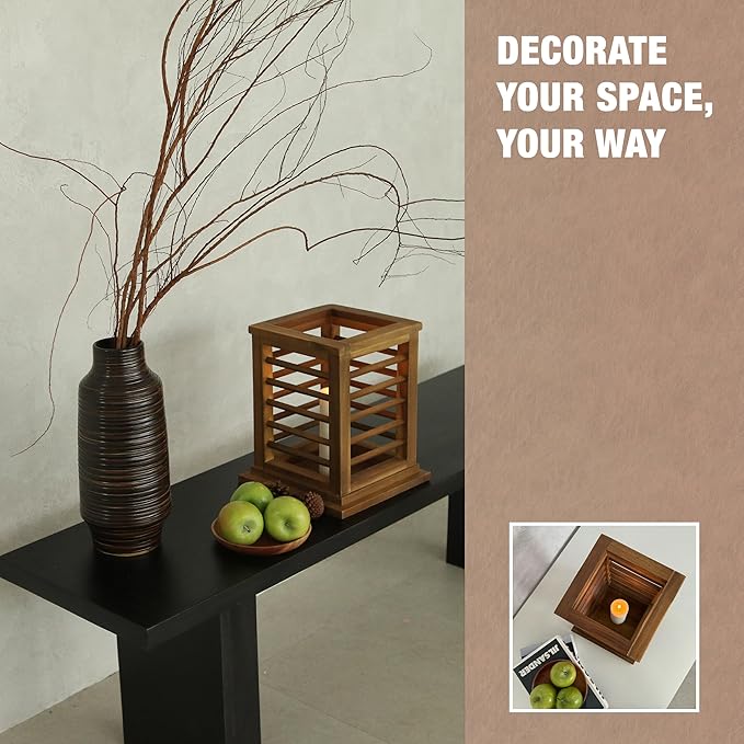 Premium 11.5" H Lantern Decorative Indoor & Outdoor - Large Wooden Candle Lantern & Plant Stand for Holiday Decor, Farmhouse, Patio, Table | Golden Teak Finish