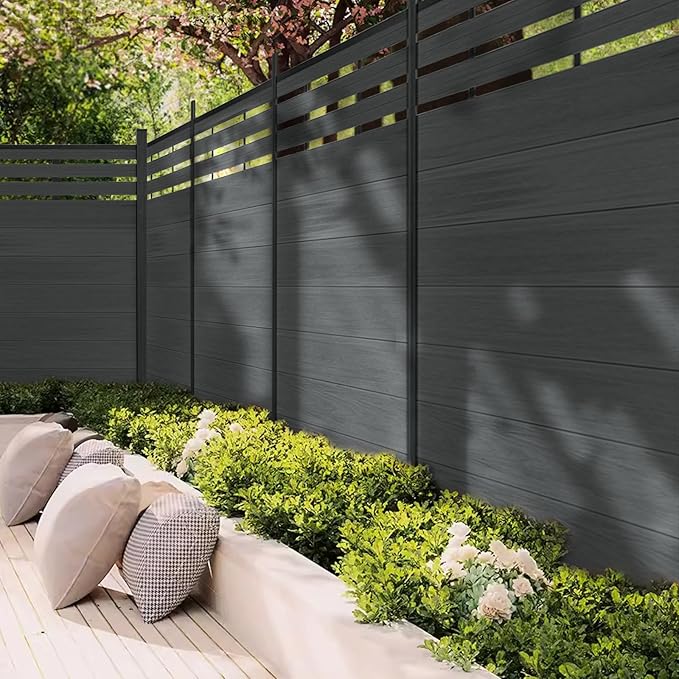 Mondaria Semi-Closed Privacy Fence Panels with 1 Post for Outside, 6ft(W) x 6ft(H), Wind Resistant Wood Plastic Composite Fencing Panels for Patio, Backyard, Garden and Pool, Gray