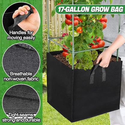ANPHSIN 3 Sets Tomato Cages with 17 Gallon Grow Bags - 46'' Heavy-Duty Plant Support Trellis Tomato Planter Pots Kit, Garden Vegetables Cucumber Flowers Vertical Climbing Plants Vines