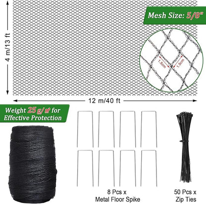 Bird Netting, 13 X 40 Ft Reusable Protective Garden Netting Cover for Plants Fruit Trees Vegetables, Heavy Duty Poultry Fence Animal Barrier with Ties and Staples, Strawberry Netting for Birds