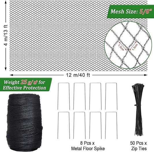 Bird Netting, 13 X 40 Ft Reusable Protective Garden Netting Cover for Plants Fruit Trees Vegetables, Heavy Duty Poultry Fence Animal Barrier with Ties and Staples, Strawberry Netting for Birds