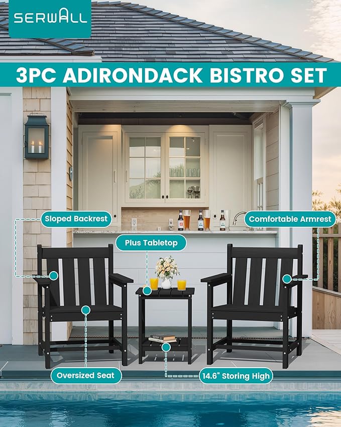 SEWRWALL Patio Furniture Set, HDPE Material All Weather Use Adirondack Chair Set with Side Table for Balcony, Porch, Garden, Backyard (Black)