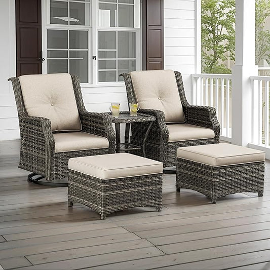 5 Piece Patio Furniture Wicker Conversation Set, 2 Swivel Chairs, 2 Ottomans with 1 Side Table, for Outdoors, Backyard, Deck, Beige